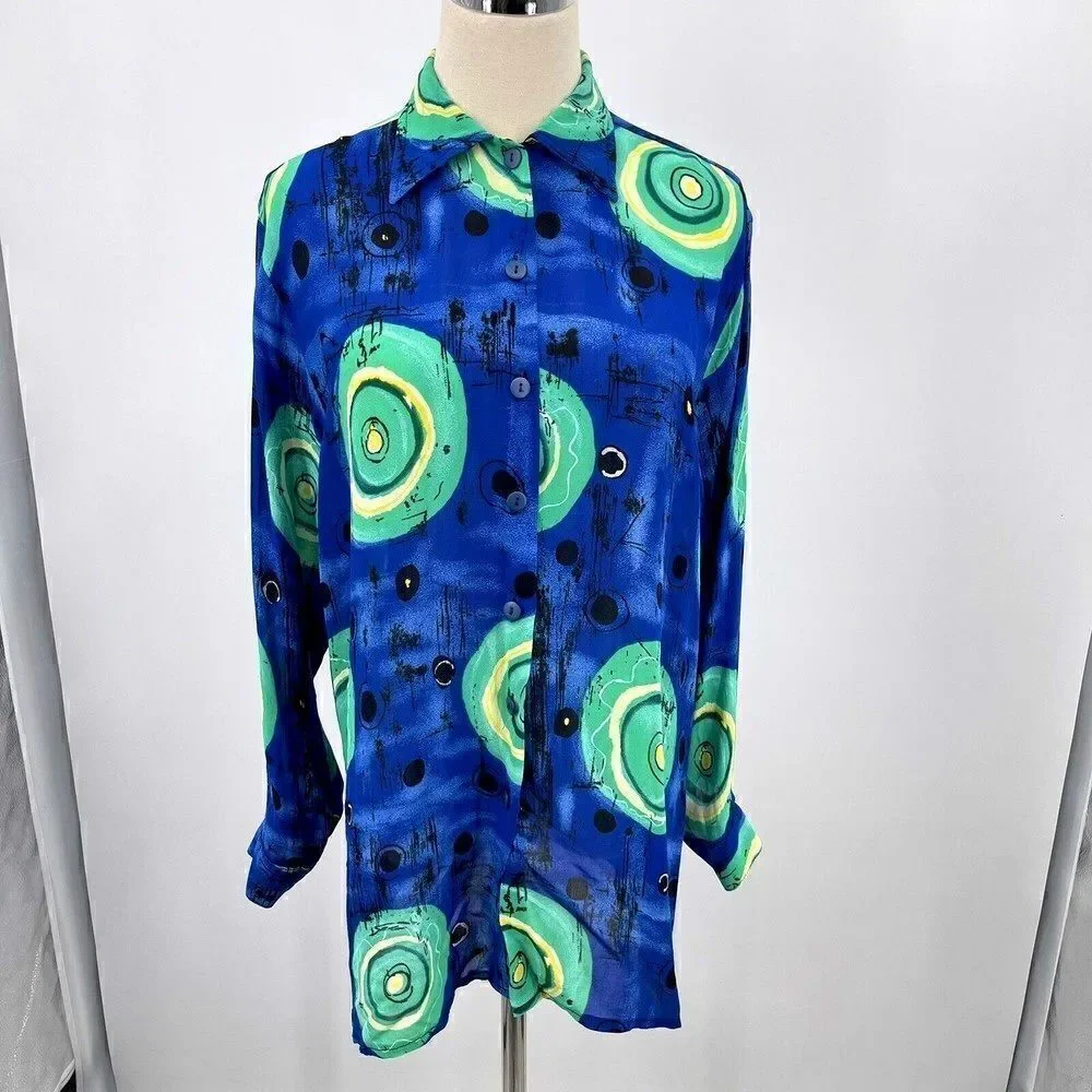 Dadier Parakian womans top S long sleeve button up silky geometric print blue